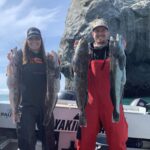 Rebecca Ebbs and Cody Allison of Salem, Ore., holds limits of lingcod caught March 25 while fishing aboard the Miss Brooke of Brookings Fishing Charters.